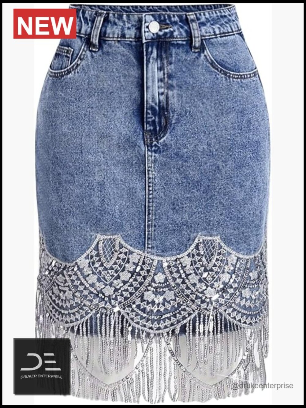 Tassel Denim Skirt Boho Sequins Patchwork Midi Jean Skirt with Pockets